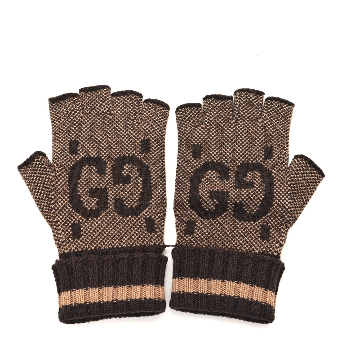 Cashmere GG Fingerless Gloves L Beige Dark Brown