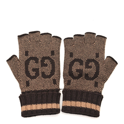Gucci Cashmere GG Fingerless Gloves L Beige Dark Brown 1 of 4