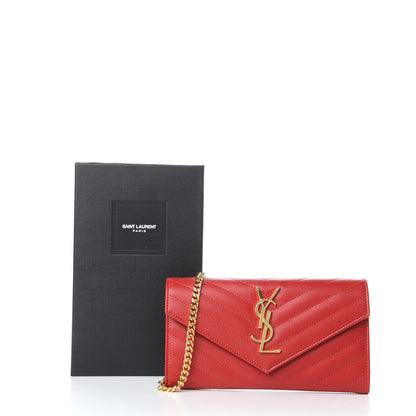 Saint Laurent Grain De Poudre Matelasse Chevron Small Monogram Chain Wallet Red 9 of 9