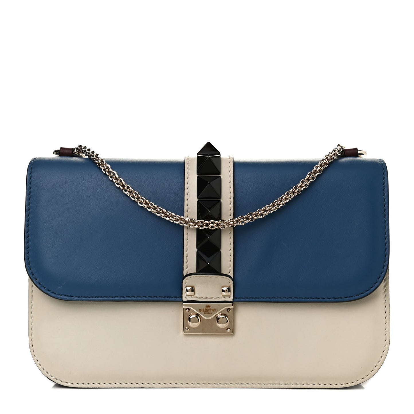 Vitello Tri-Color Medium Glam Lock Rockstud Flap Blue White Burgundy