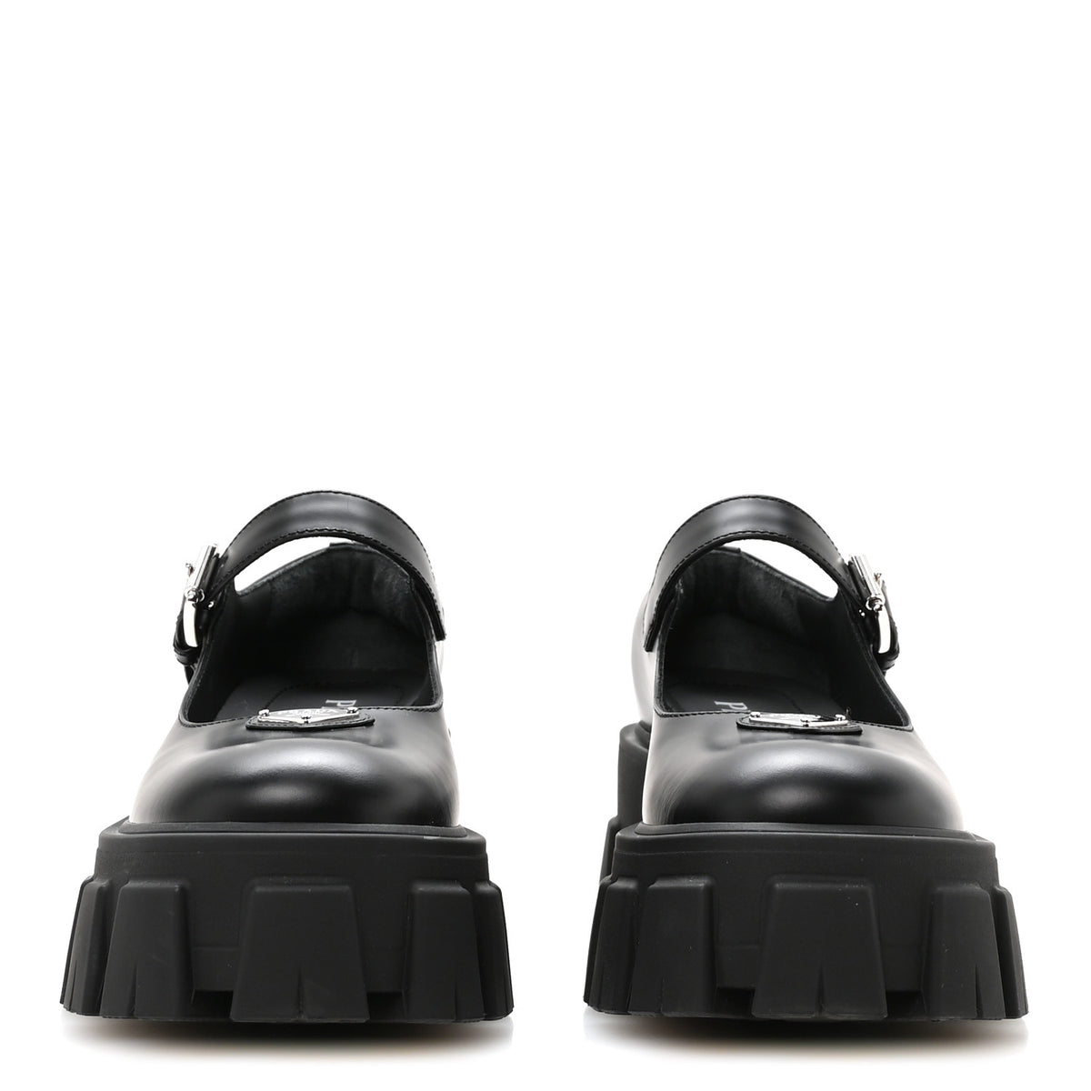 Prada Spazzolato Rois Metal Triangle Logo Monolith 55mm Mary Janes 35.5 Black 3 of 8