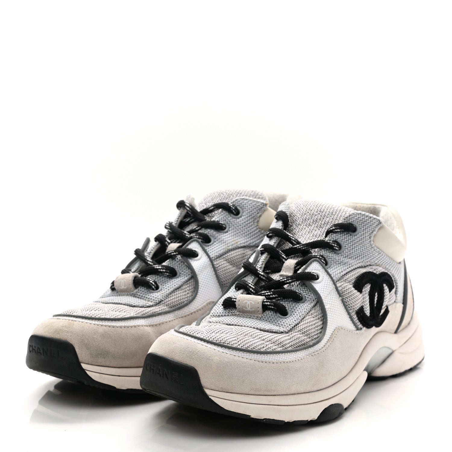 Chanel Nylon Calfskin Suede Womens CC Sneakers 39.5 Grey Beige 3 of 14