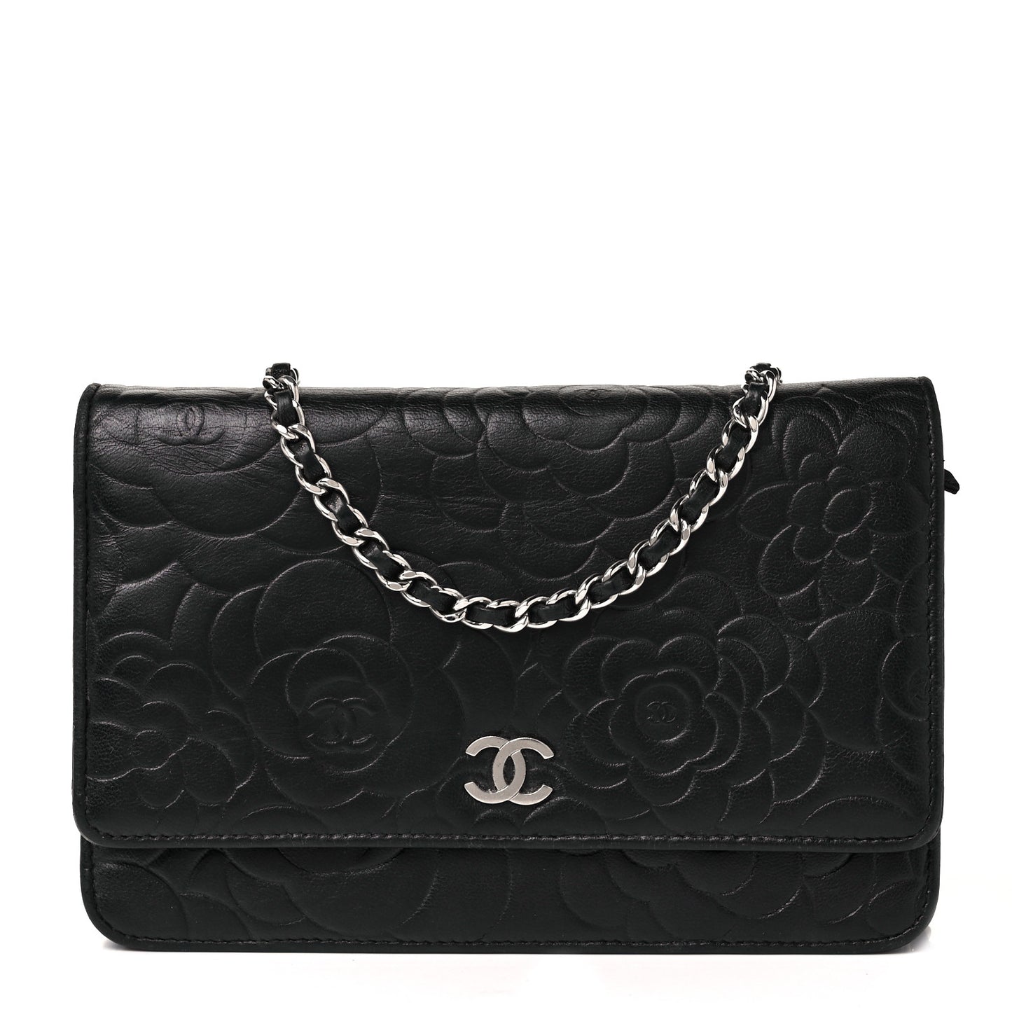 Lambskin Camellia Embossed Wallet On Chain WOC Black