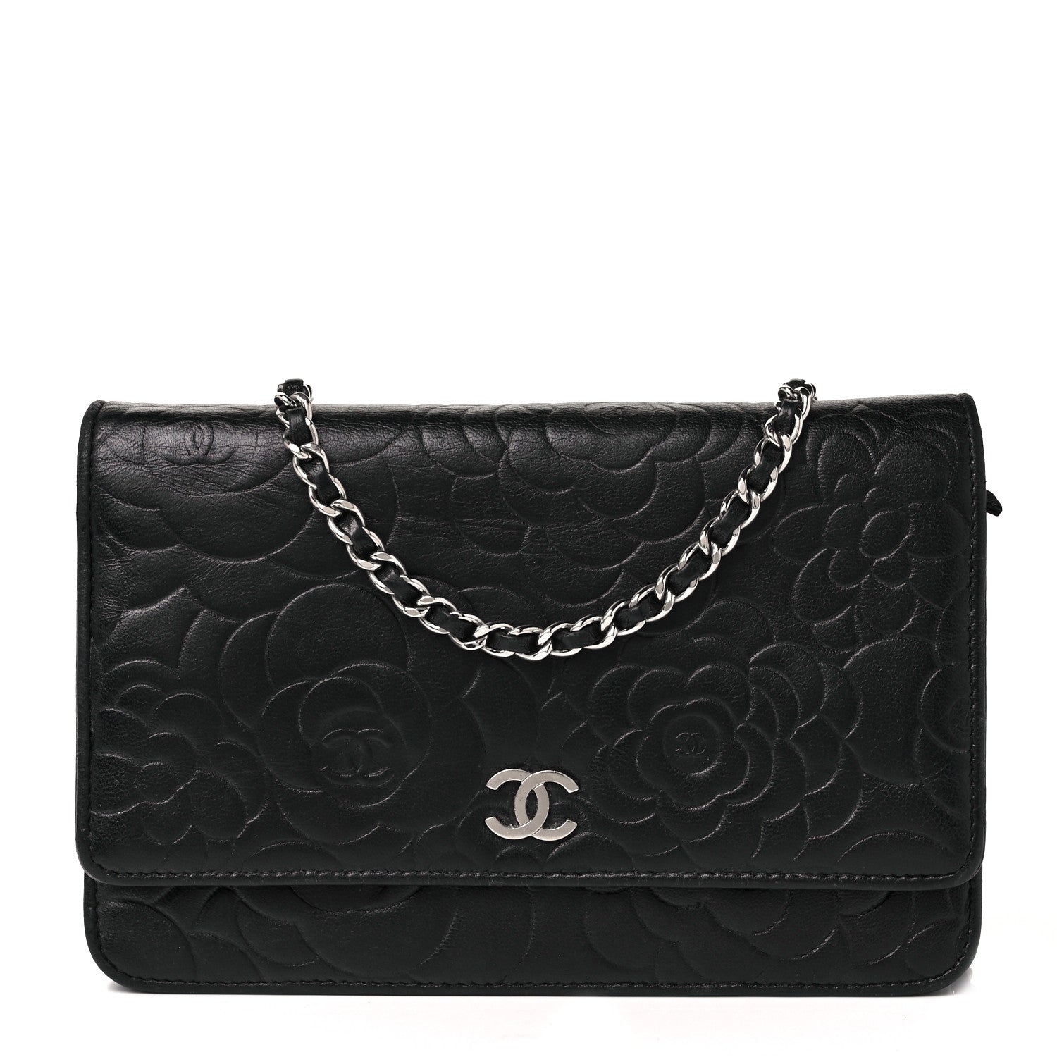 Chanel Lambskin Camellia Embossed Wallet On Chain WOC Black 1 of 11