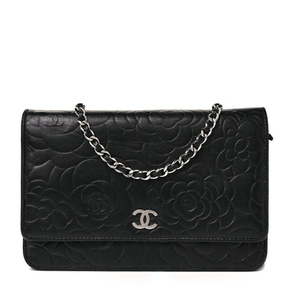 Chanel Lambskin Camellia Embossed Wallet On Chain WOC Black 1 of 11
