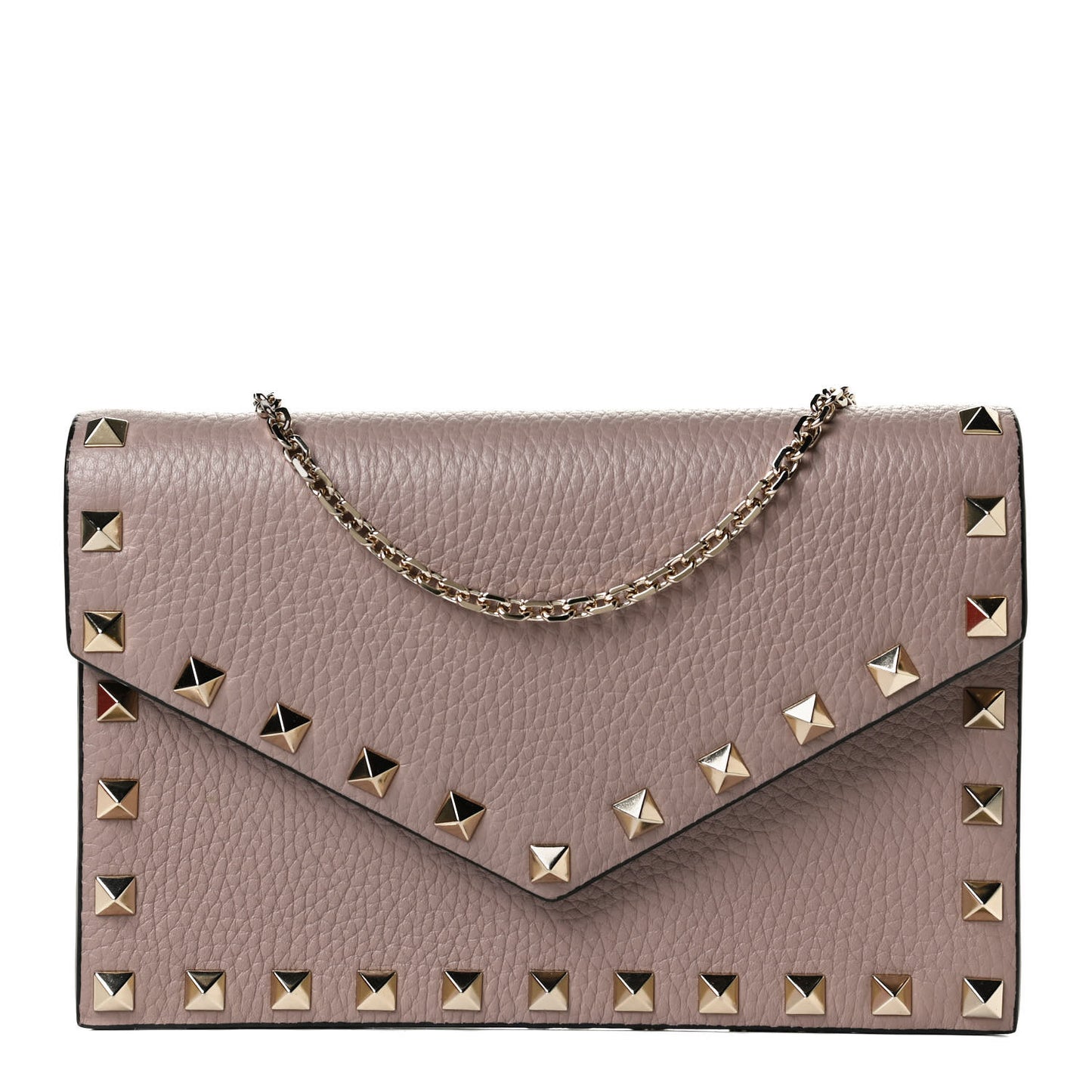 Pebbled Calfskin Rockstud Envelope Wallet on Chain Poudre