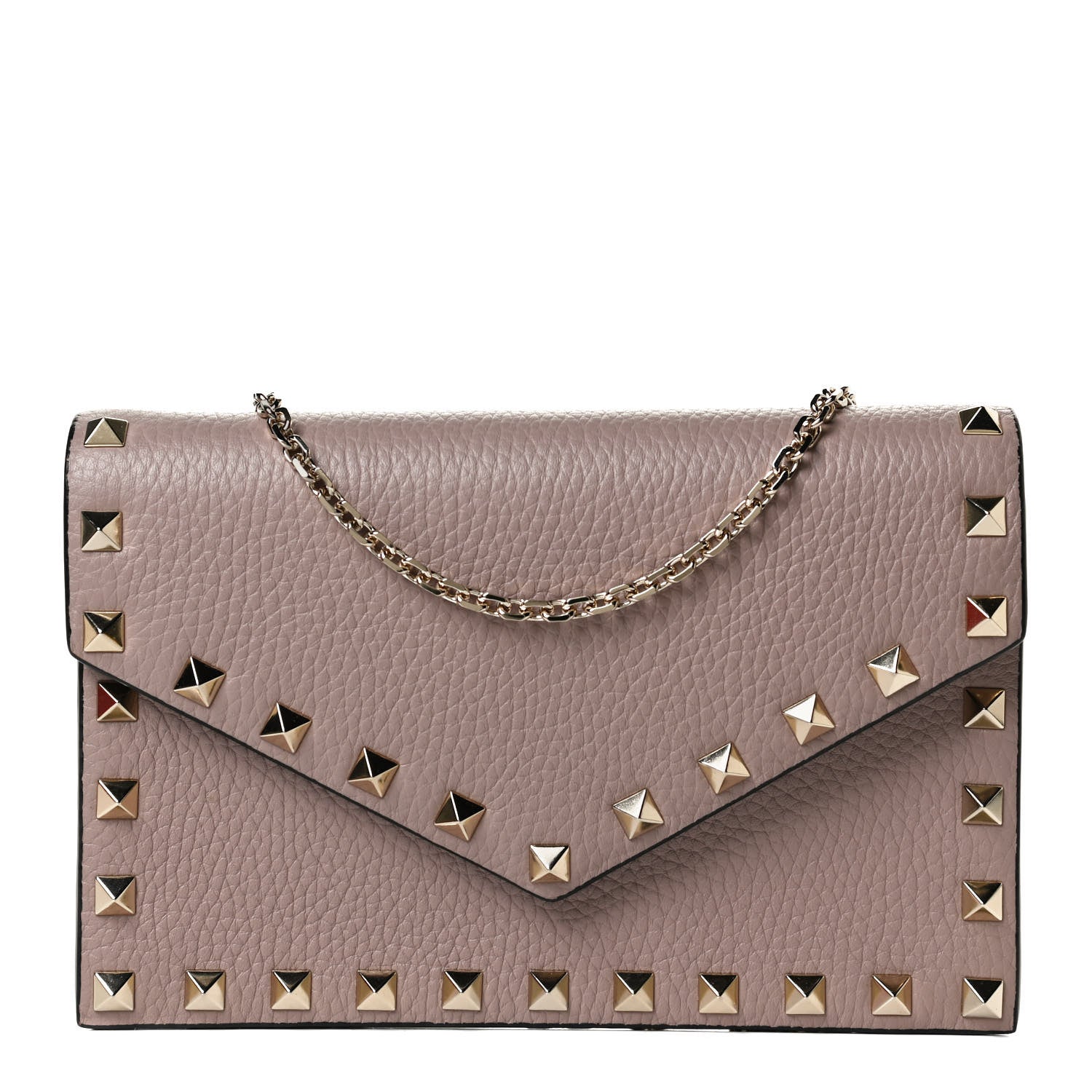 Valentino Garavani Pebbled Calfskin Rockstud Envelope Wallet on Chain Poudre 1 of 14