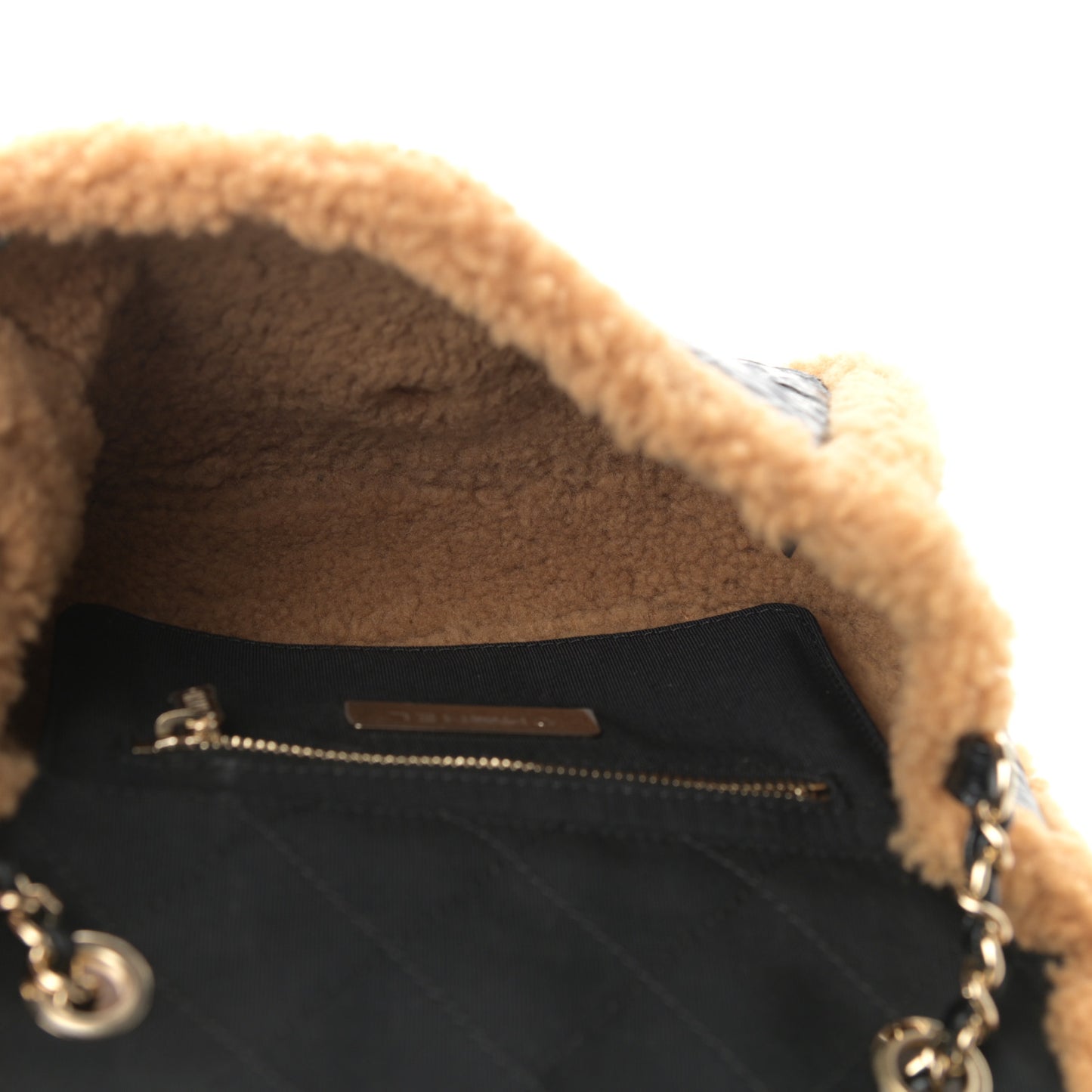 Shiny Crumpled Sheepskin Shearling CC Mania Flap Bag Black Beige