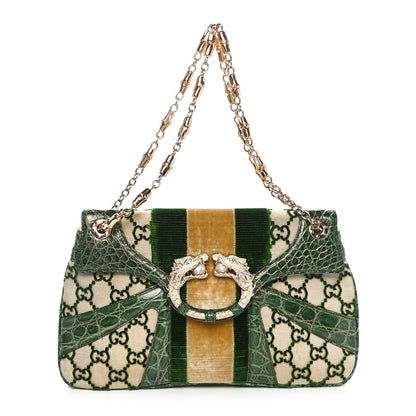 Gucci Velvet Monogram Crocodile Tom Ford Jeweled Dragon Shoulder Bag Green Beige 1 of 10