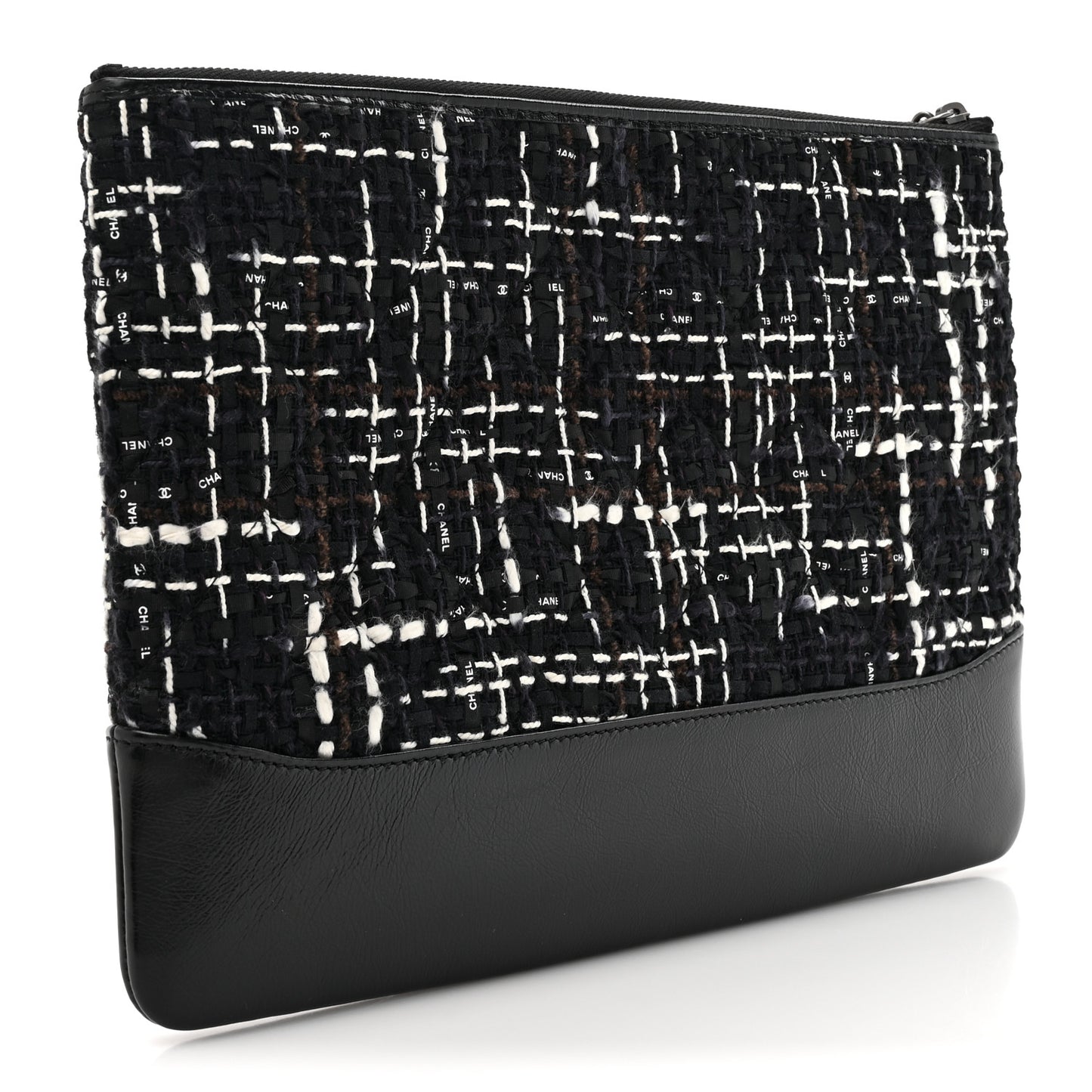 Tweed Calfskin Quilted Medium Cosmetic Pouch Black White