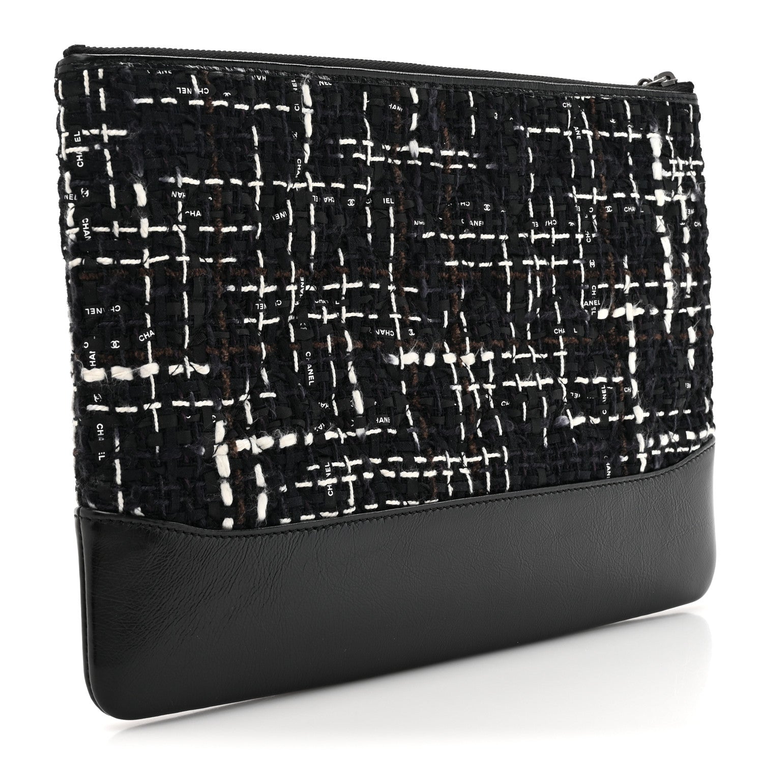 Chanel Tweed Calfskin Quilted Medium Cosmetic Pouch Black White 3 of 8