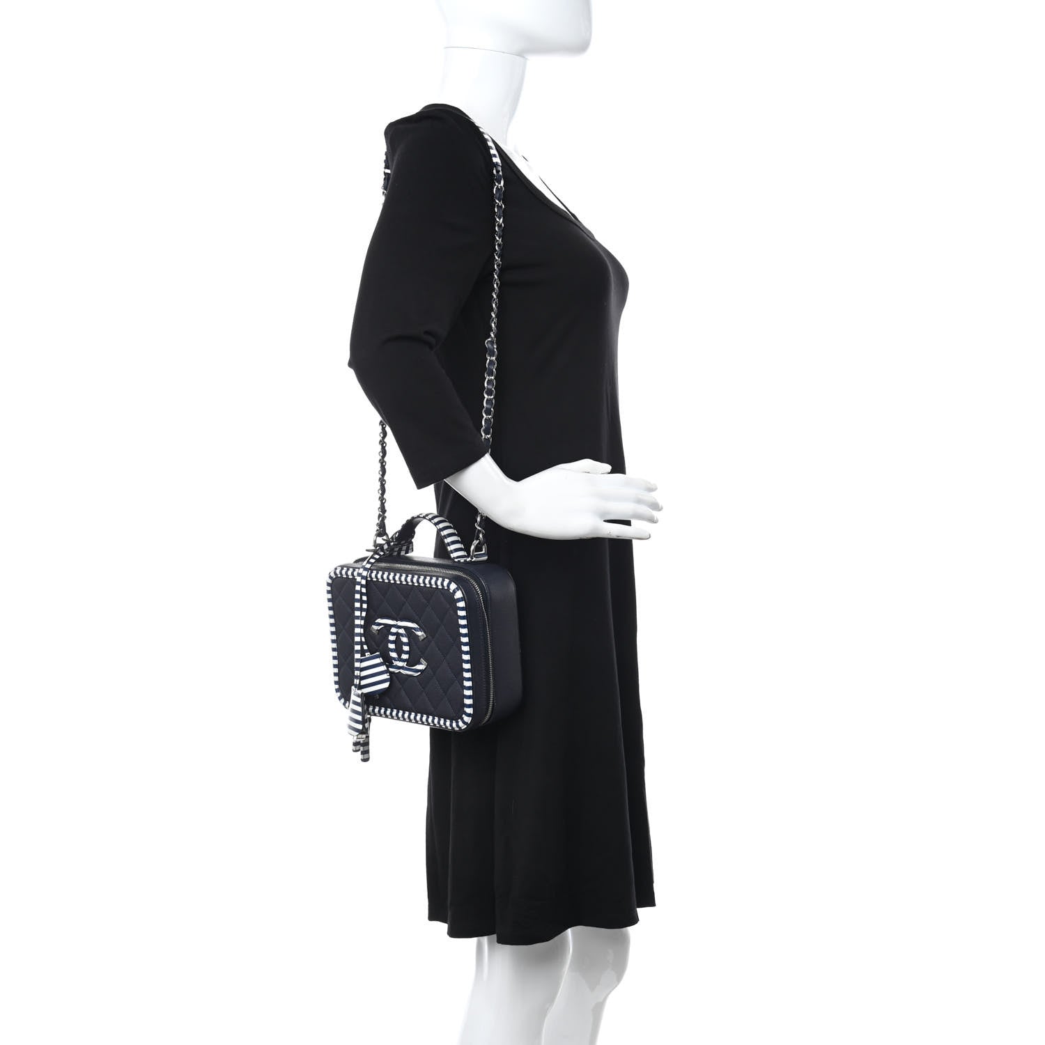 Chanel Caviar Quilted Striped Medium CC Filigree Vanity Case Navy White 2 of 11