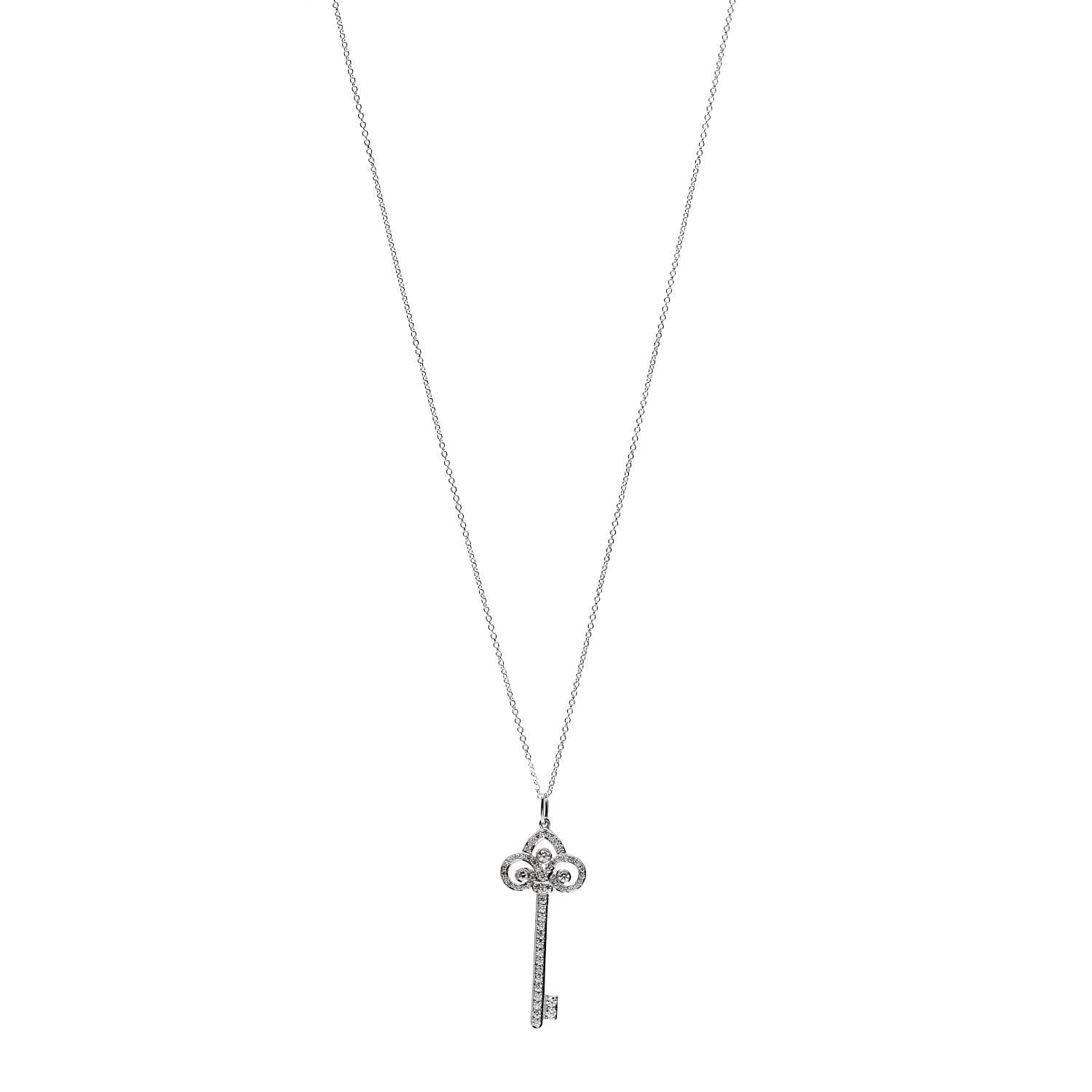 Tiffany Platinum Diamond .41ct Fleur De Lis Key Pendant Necklace 2 of 8