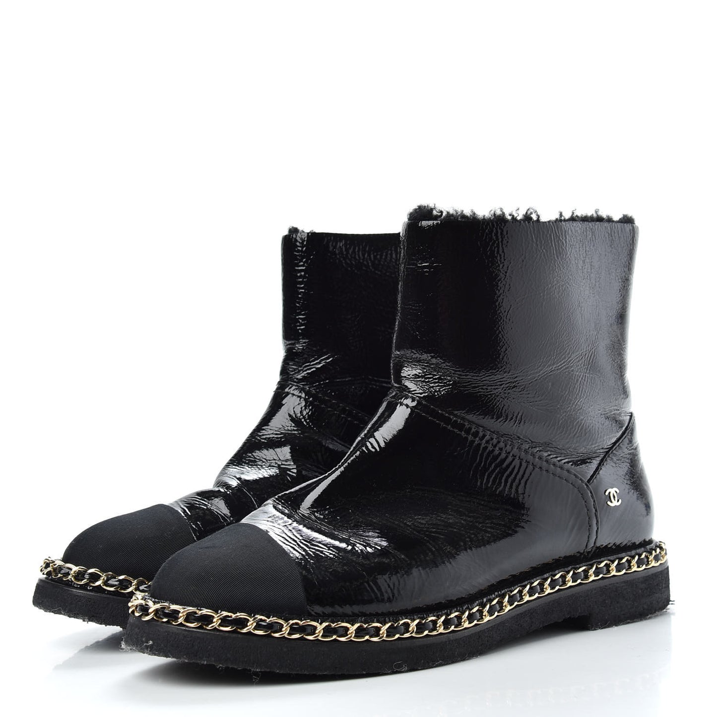 Crumpled Calfskin Shearling Womens Cap Toe Chain Short Boots 39 Black