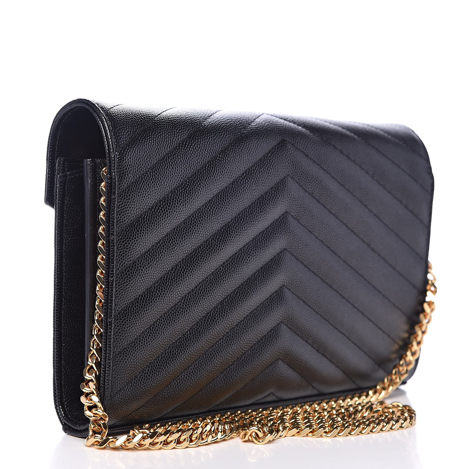 Saint Laurent Grain De Poudre Matelasse Chevron Monogram Chain Wallet Black 3 of 9