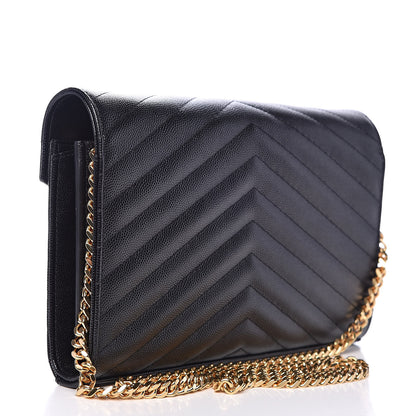 Saint Laurent Grain De Poudre Matelasse Chevron Monogram Chain Wallet Black 3 of 9