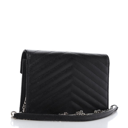 Saint Laurent Grain De Poudre Matelasse Chevron Monogram Envelope Chain Wallet Black 3 of 10