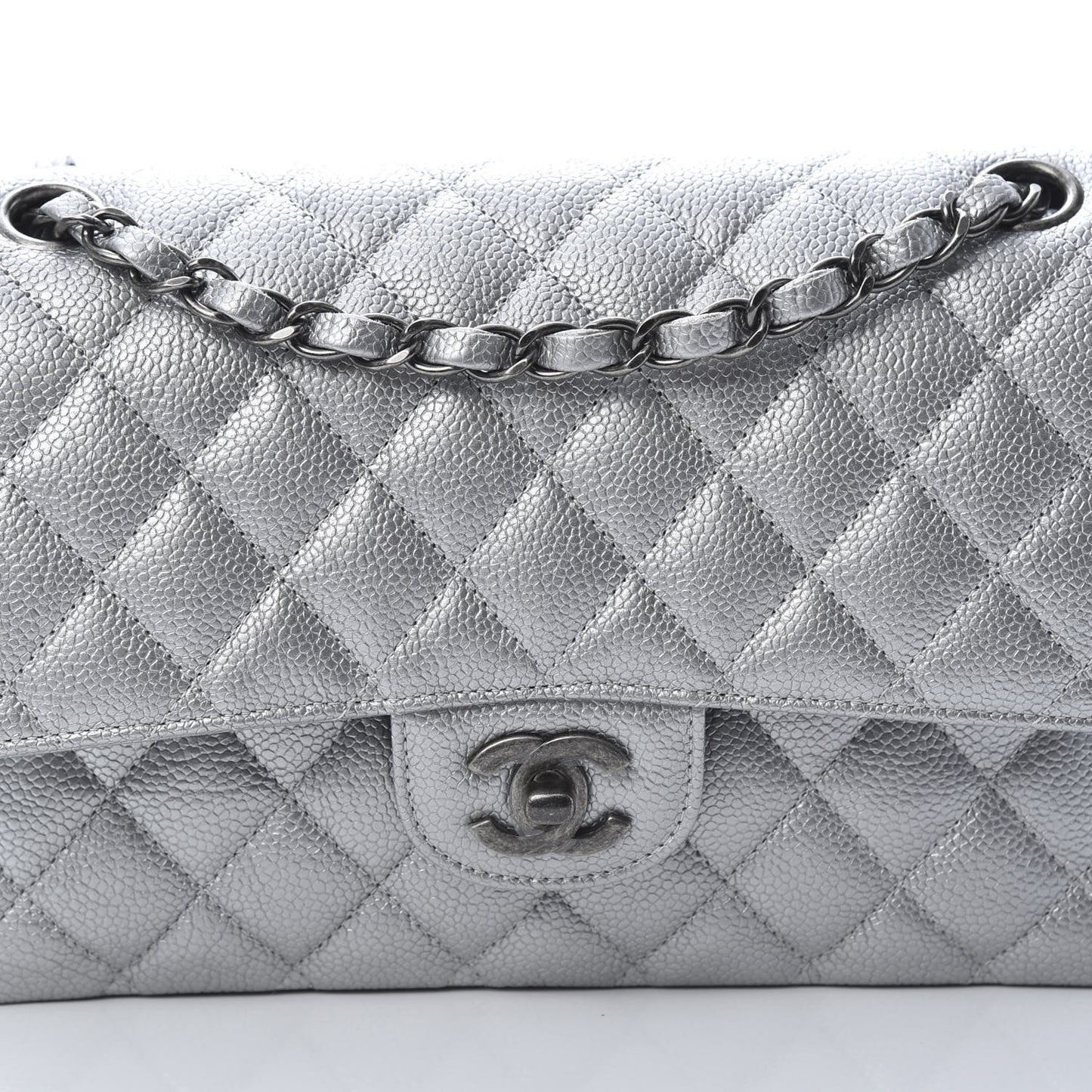 Metallic Caviar Quilted Medium Double Flap Silver