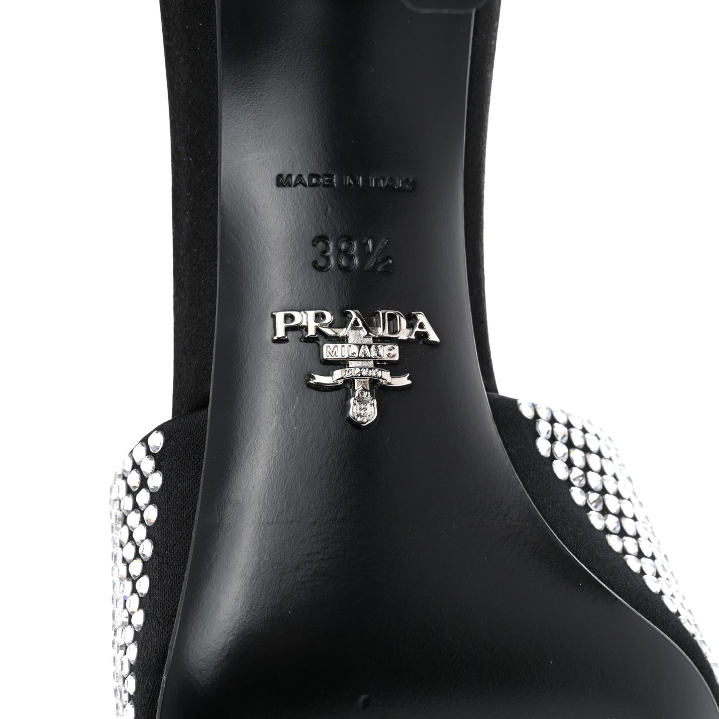 Satin Crystal Logo 65mm Slide Sandals 38.5 Cristal