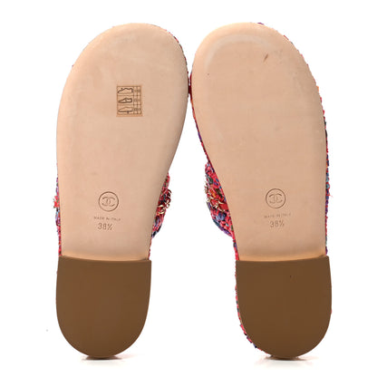 Chanel Raffia Lambskin Woven Chain CC Toe Ring Sandals 38.5 Red Multicolor 5 of 8