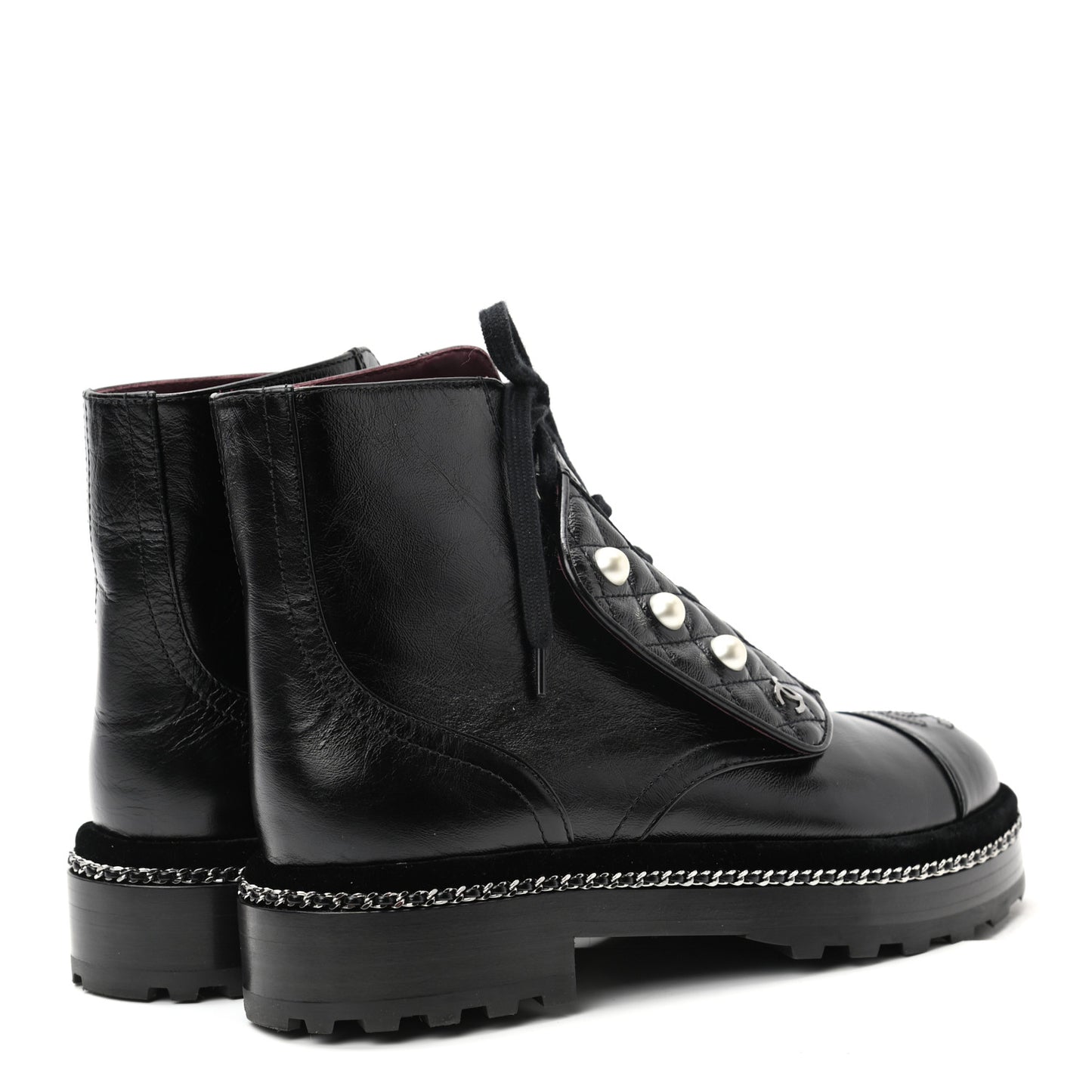 Crackled Calfskin Velvet Pearl Combat Short Boots 37.5 Black