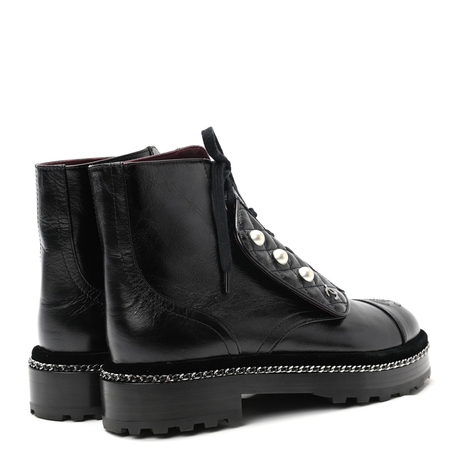 Chanel Crackled Calfskin Velvet Pearl Combat Short Boots 37.5 Black 4 of 8