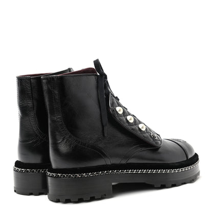 Chanel Crackled Calfskin Velvet Pearl Combat Short Boots 37.5 Black 4 of 8