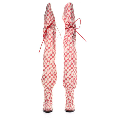 Gucci Monogram Over The Knee Boots 36.5 Gardenia Hibiscus Red 2 of 8