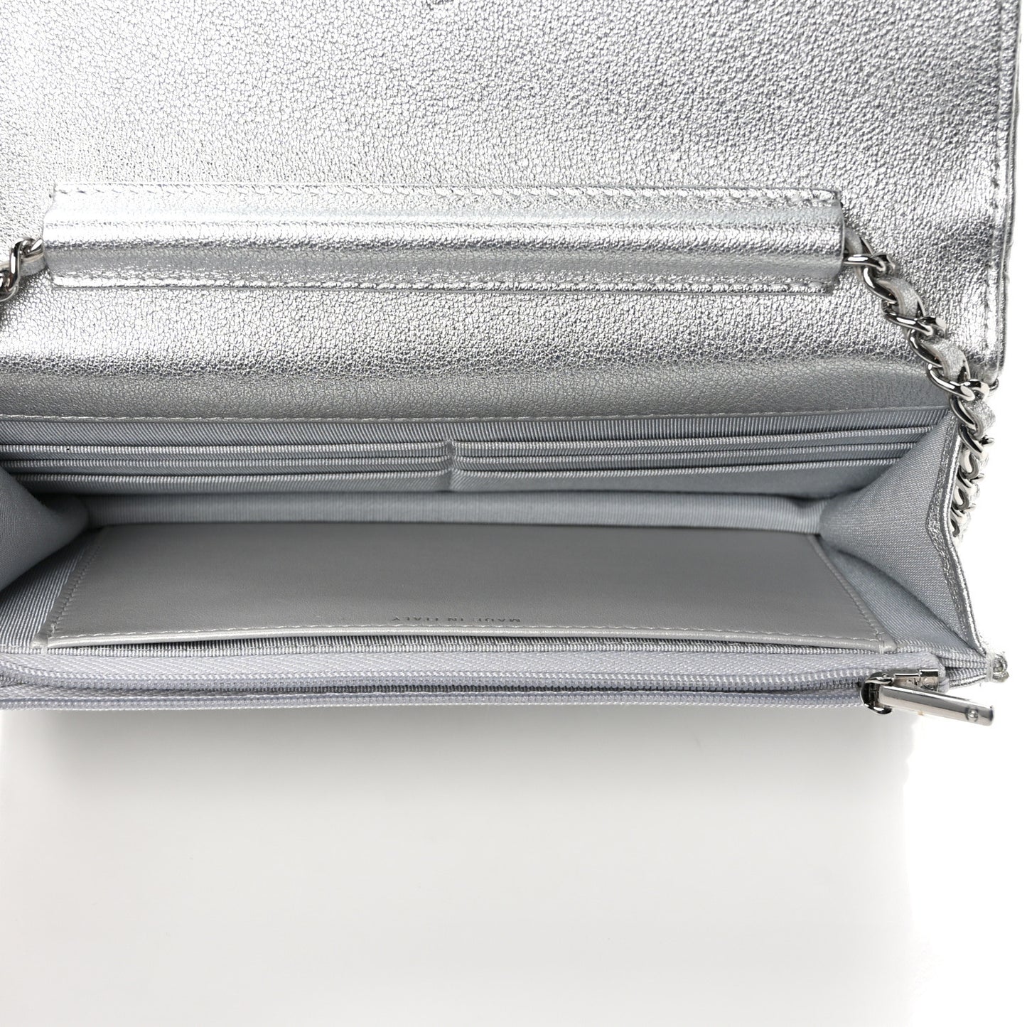 Metallic Lambskin Quilted Wallet On Chain WOC Silver