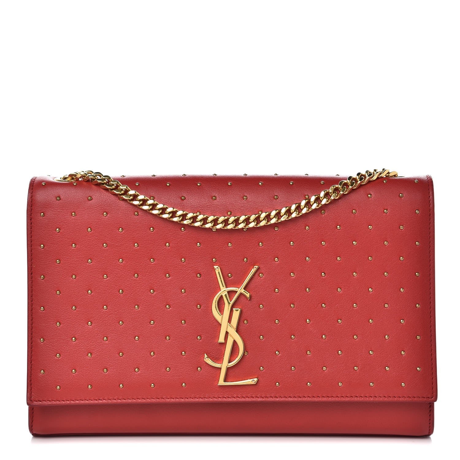 Saint Laurent Calfskin Studded Medium Monogram Satchel Red 1 of 9