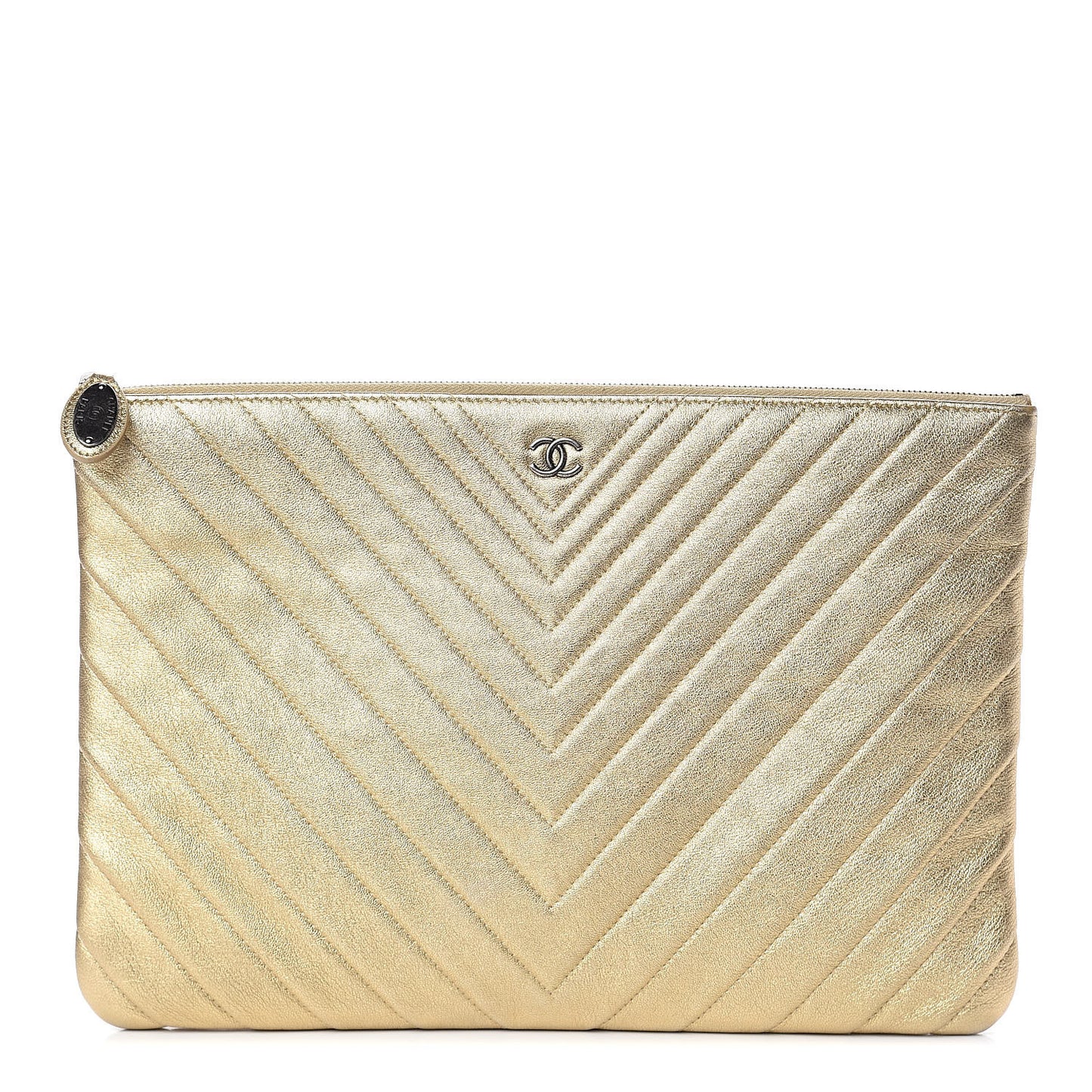 Metallic Calfskin Chevron Quilted Large Cosmetic Case Light Gold