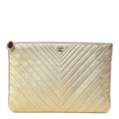 Chanel Metallic Calfskin Chevron Quilted Large Cosmetic Case Light Gold 1 of 12