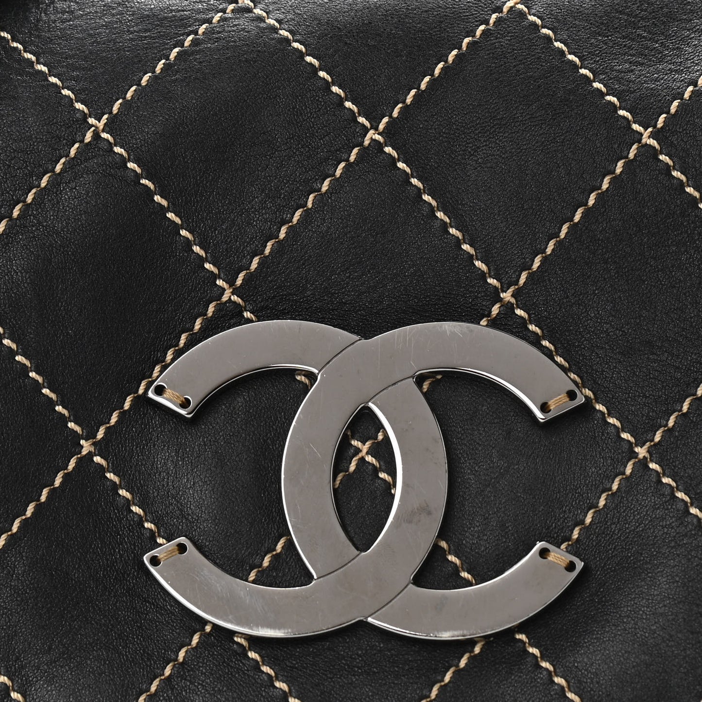 Lambskin Contrast Stitch Surpique Accordion Flap Black
