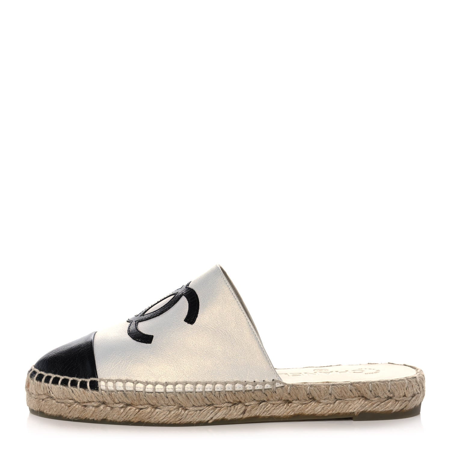 Chanel Iridescent Goatskin CC Espadrille Mules 37 Ivory Black 1 of 10