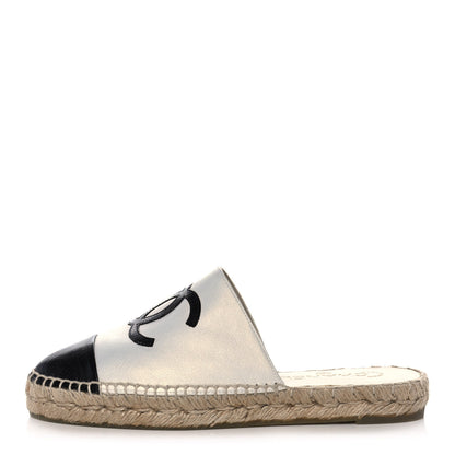 Chanel Iridescent Goatskin CC Espadrille Mules 37 Ivory Black 1 of 10