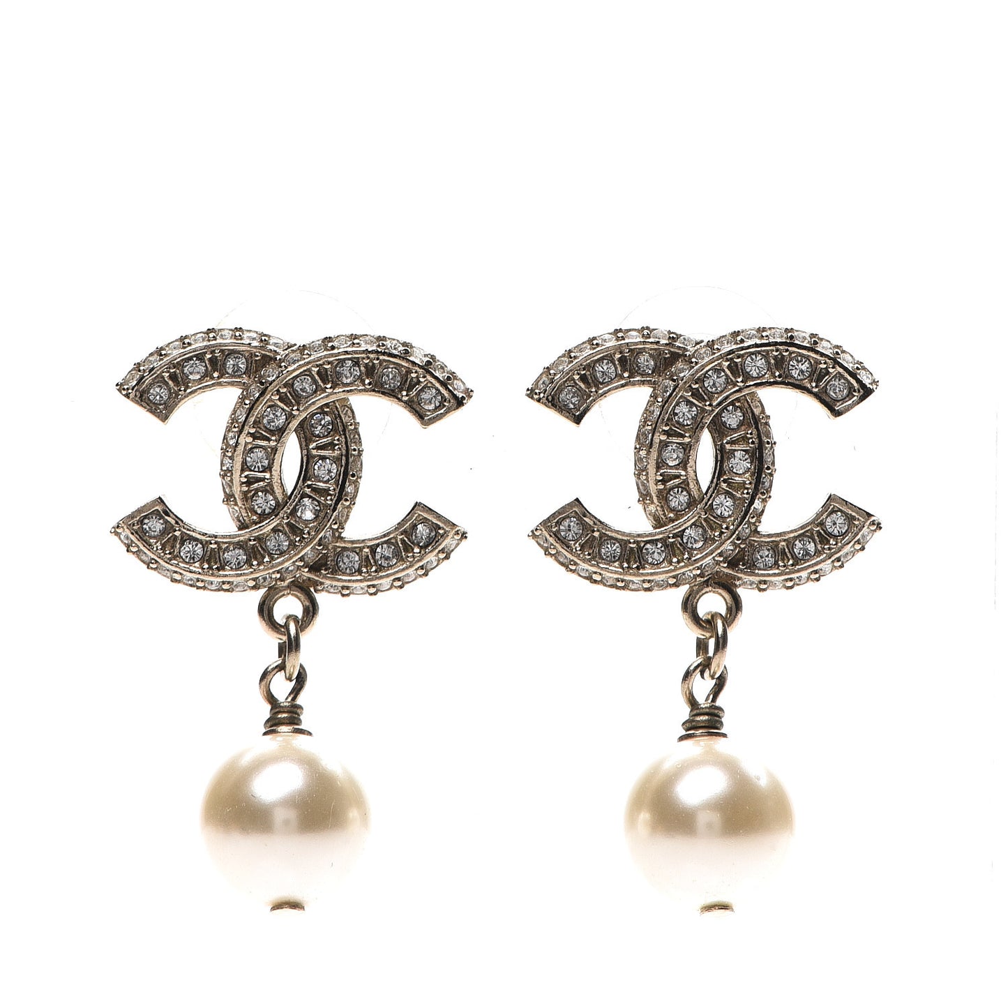 Crystal Pearl CC Drop Earrings Silver Pearly White