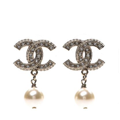 Chanel Crystal Pearl CC Drop Earrings Silver Pearly White 1 of 5