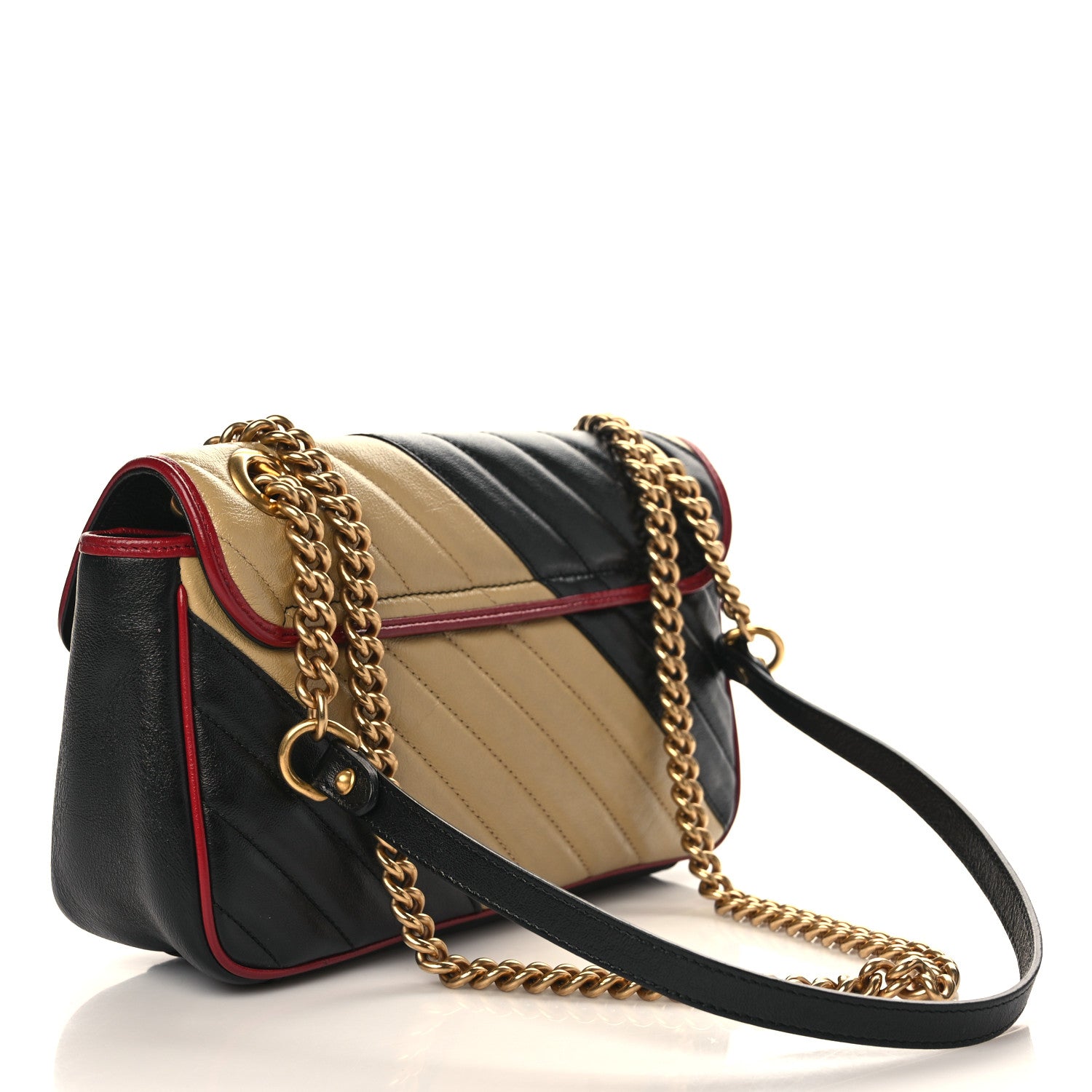 Gucci Vintage Effect Calfskin Matelasse Diagonal Striped Small Torchon GG Marmont Shoulder Bag Black Beige 3 of 9