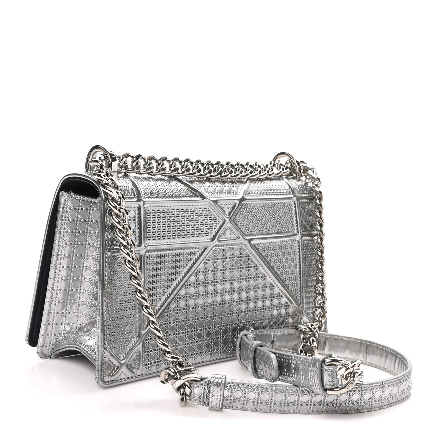 Metallic Patent Micro-Cannage Small Diorama Flap Bag Silver
