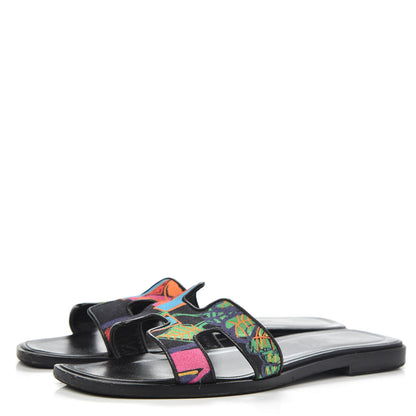 Hermes Cotton Canvas Tropical Modernisme Oran Sandals 36.5 Black 3 of 8