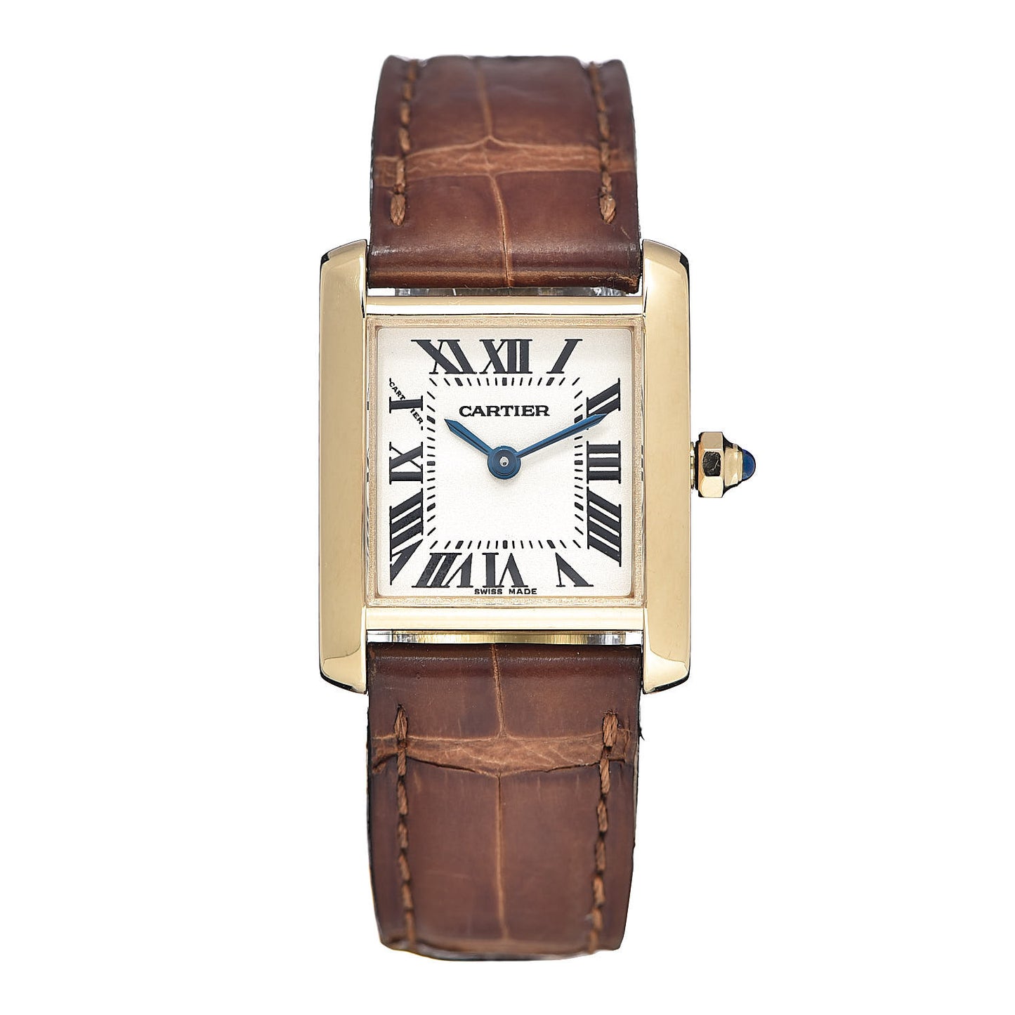 18K Yellow Gold Alligator 20mm Tank Francaise Quartz Watch Brown