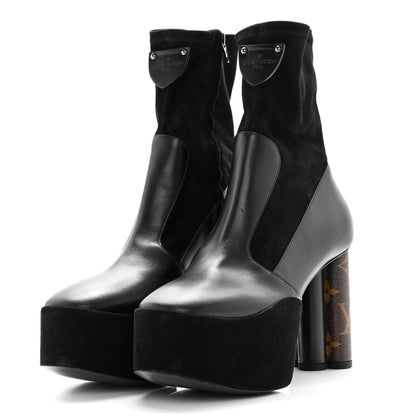 Louis Vuitton Suede Calfskin Monogram Podium Platform Ankle Boots 37 Black 3 of 14