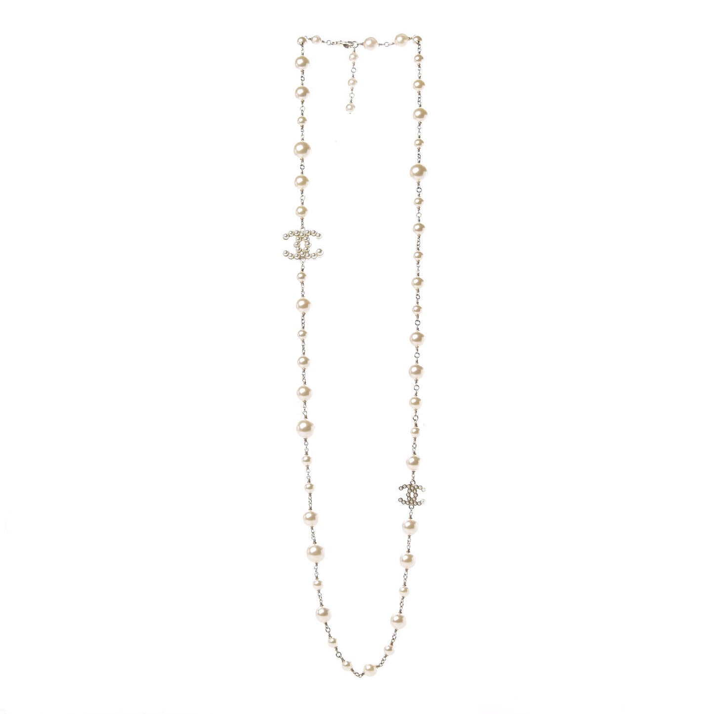 Graduated Pearl Crystal Twisted CC Long Necklace Gold