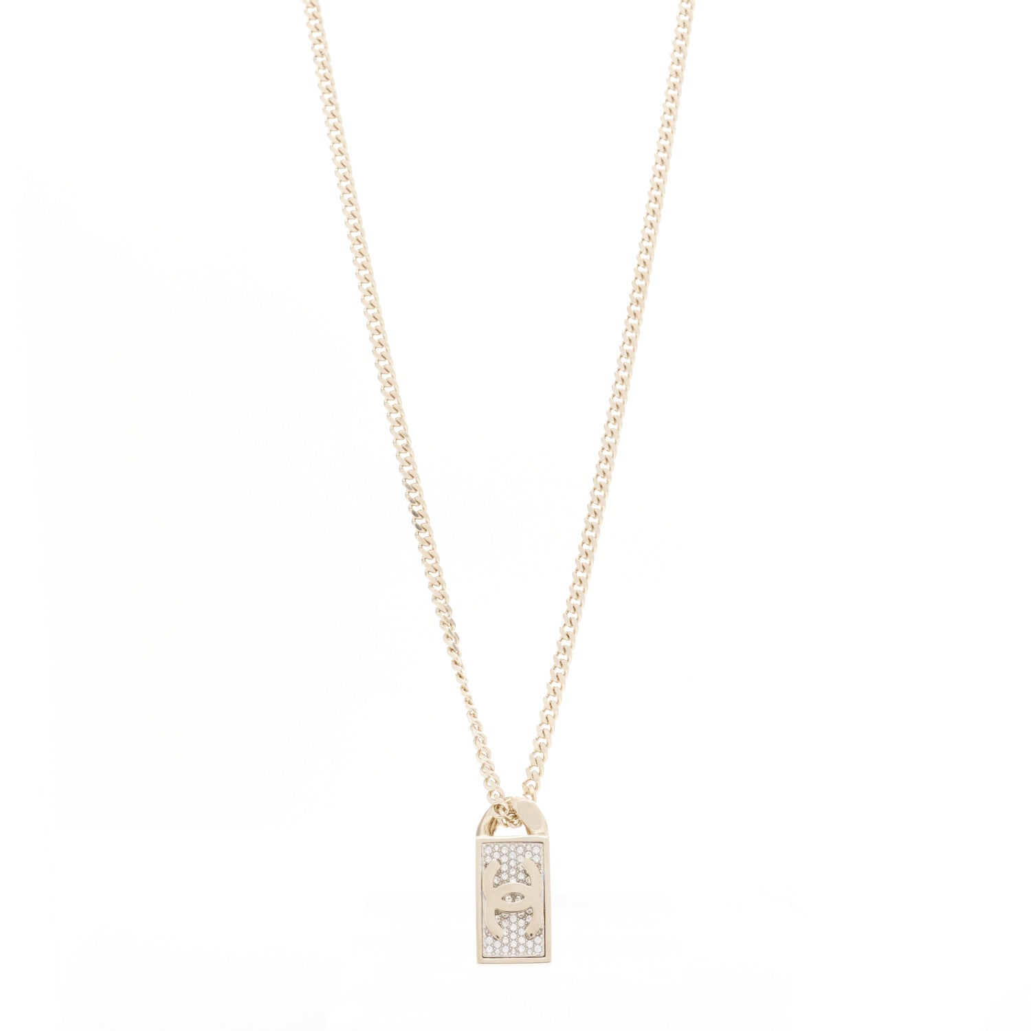 Chanel Crystal Dog Tag Charm Necklace Gold 1 of 4