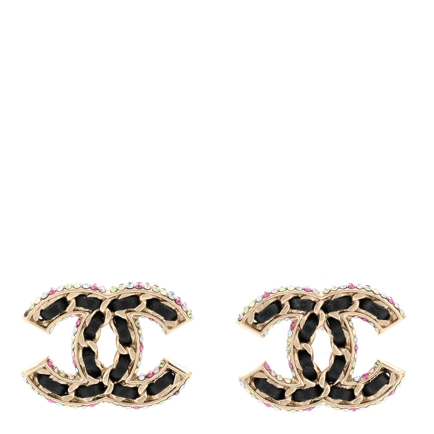 Chanel Lambskin Crystal CC Chain Earrings Black Gold Multicolor 1 of 4