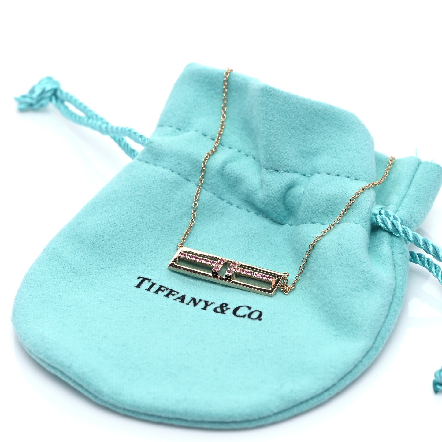 18K Rose Gold Pink Sapphire T Open Horizontal Bar Pendant Necklace