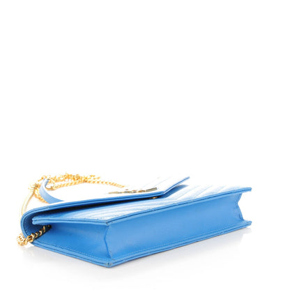 Saint Laurent Grain De Poudre Matelasse Chevron Monogram Envelope Chain Wallet Blue Clair 4 of 7