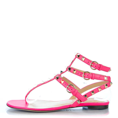 Valentino Garavani Calfskin Rockstud Ankle Wrap Flat Thong Sandals 35 Fuchsia 1 of 8