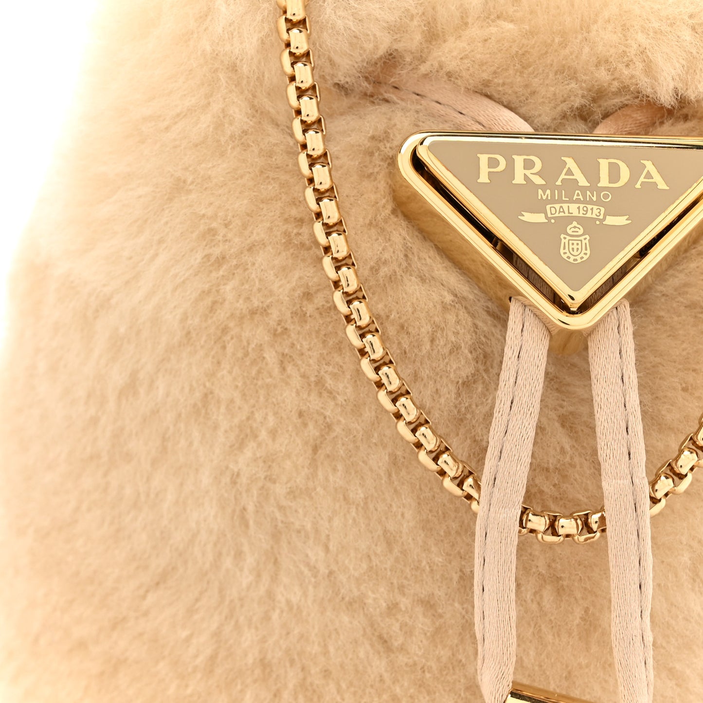 Shearling Metal Triangle Logo Mini Drawcord Pouch Shoulder Bag Ecru