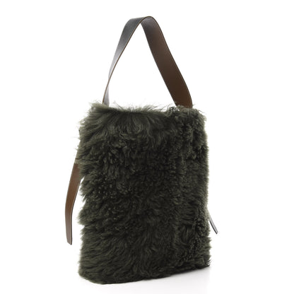 Celine Shiny Smooth Calfskin Shearling Small Twisted Cabas Light Khaki Navy 2 of 9